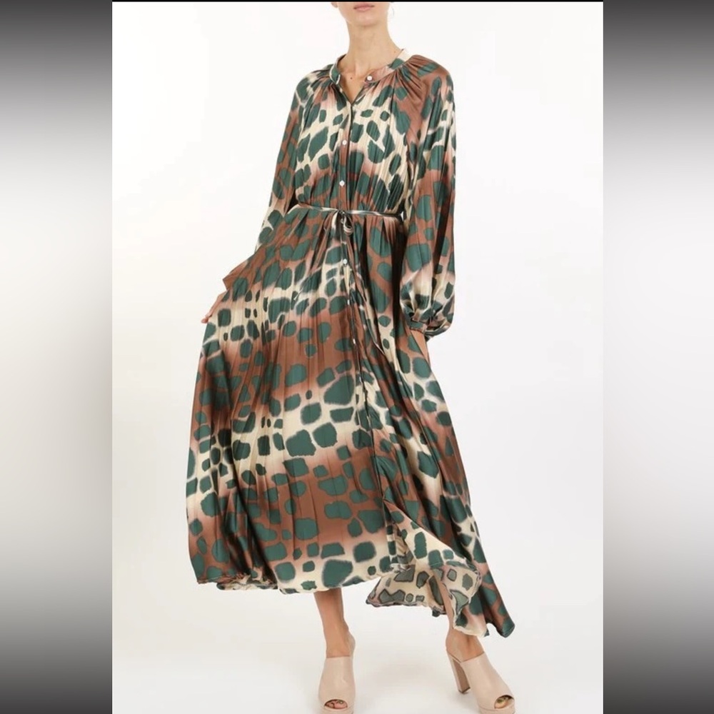 Green Modest Leopard Cheetah Print Pleated Long-Sleeve Maxi Relaxed Fit Dres M-L - Picture 5 of 16